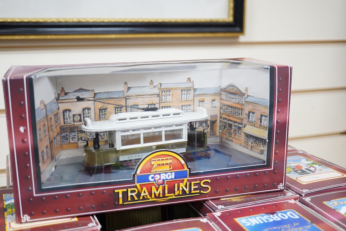 Twenty-four boxed Corgi Tramlines diecast trams, operators include; Portsmouth Corporation, Bath Corporation, London City Council tramways, Southampton Corporation tramways, London tramways, Maidstone tramways, Glasgow C
